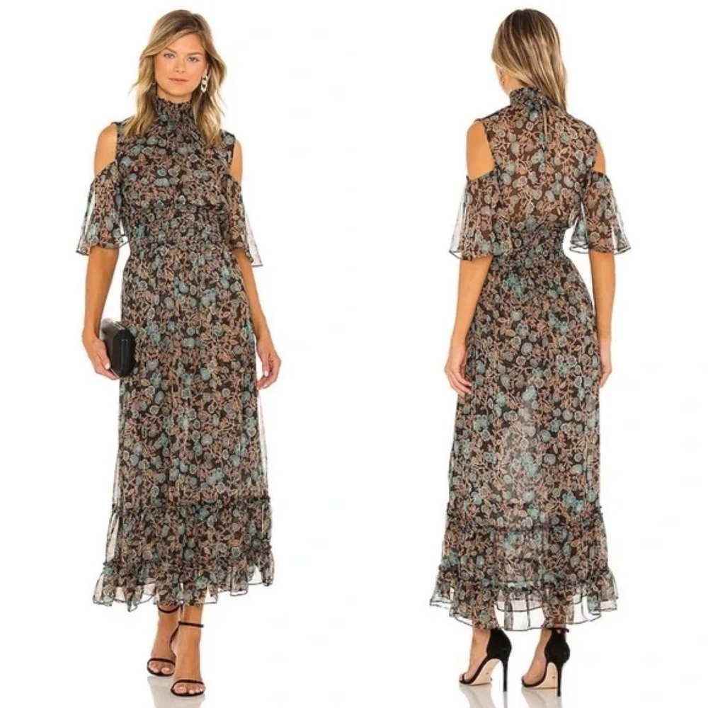 Misa Los Angeles Plum Cold Shoulder Chiffon Dress in Goldleaf Floral Size Medium